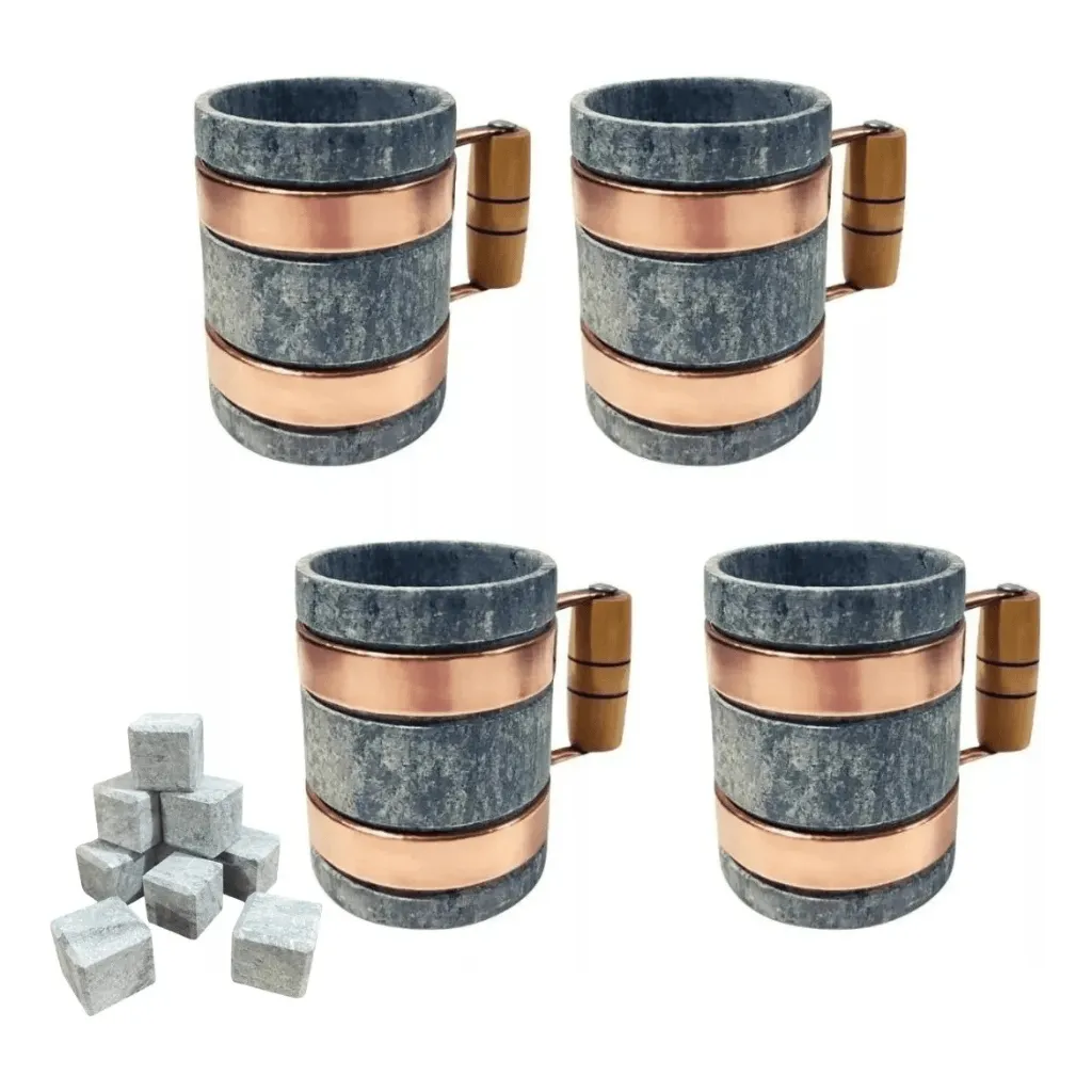 Kit 4 Canecas de Pedra-Sabão com Cobre e Madeira 350 ml
